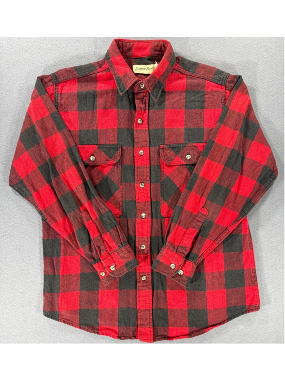 Vintage St Johns Bay Flannel Shirt Large L Buffalo Plaid Red Black Made In USA